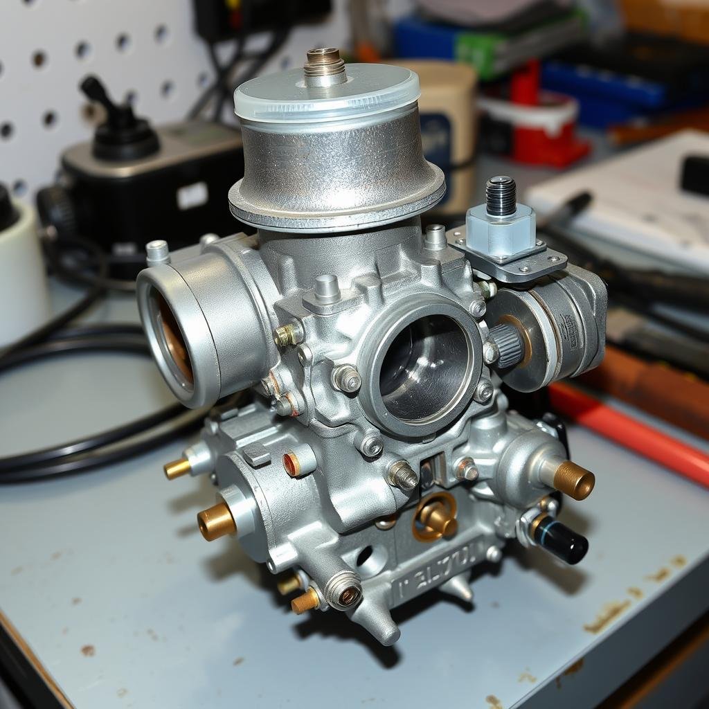 Honda XL70 carburetor disassembled showing jets and float