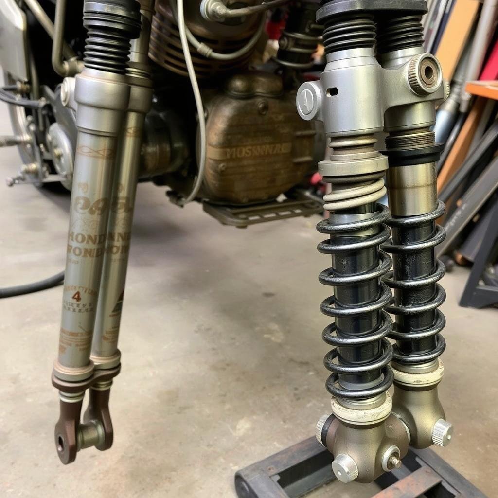 Honda XL70 suspension components including front forks and rear shocks