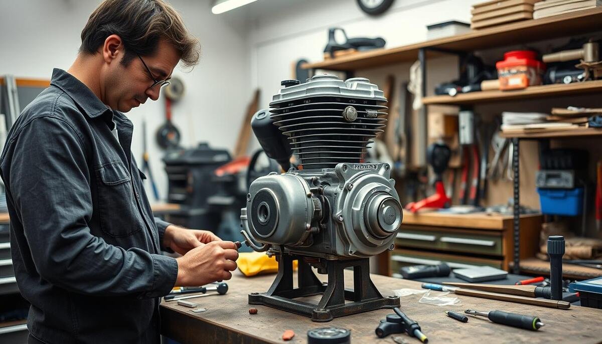 Our workshop technician rebuilding a Honda XL70 engine